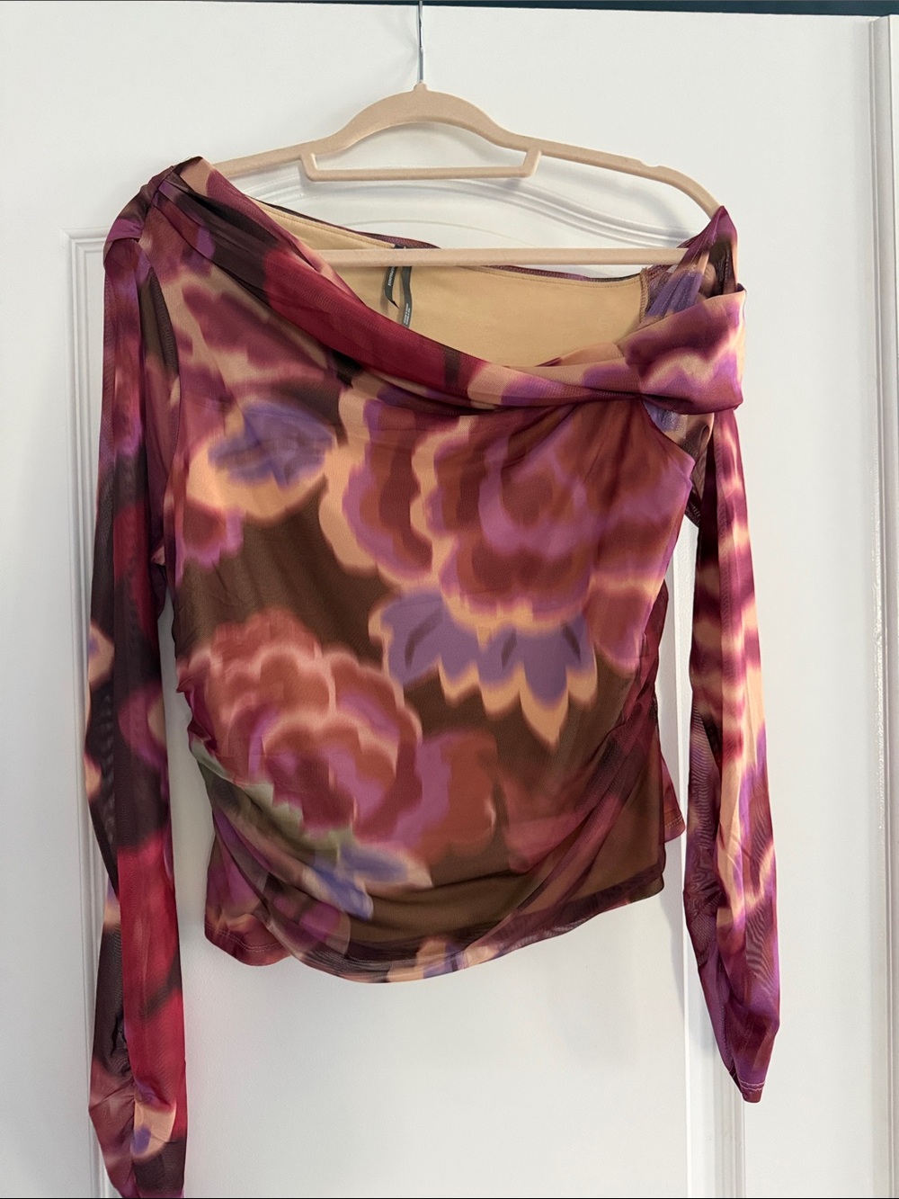 Anthropologie Floral Sheer Off-Shoulder Long Sleeve Top - Purple, Brown, Pink